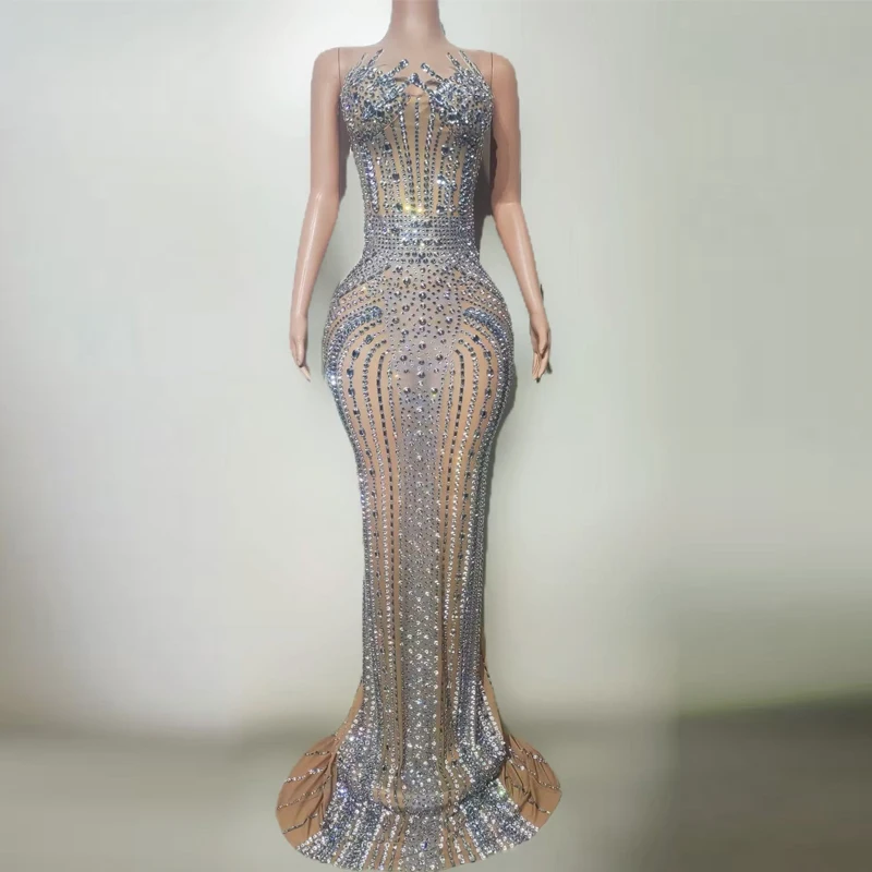 

Women Celebrate Catwalk Festival Outfit Full Rhinestones Evening Gown Jazz Dance Costume Stage Performance Dresses XS10976
