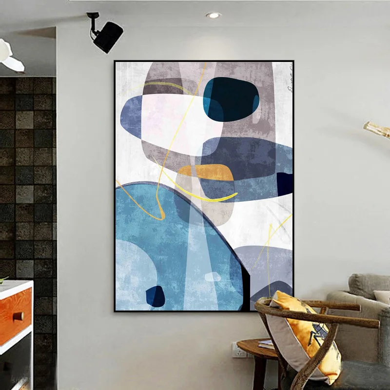 

Wall Art Gold Blue Abstract Hand Painted Oil Paintings Shapes Geometric Modern Art Alternative Colorful Dark for Living Room