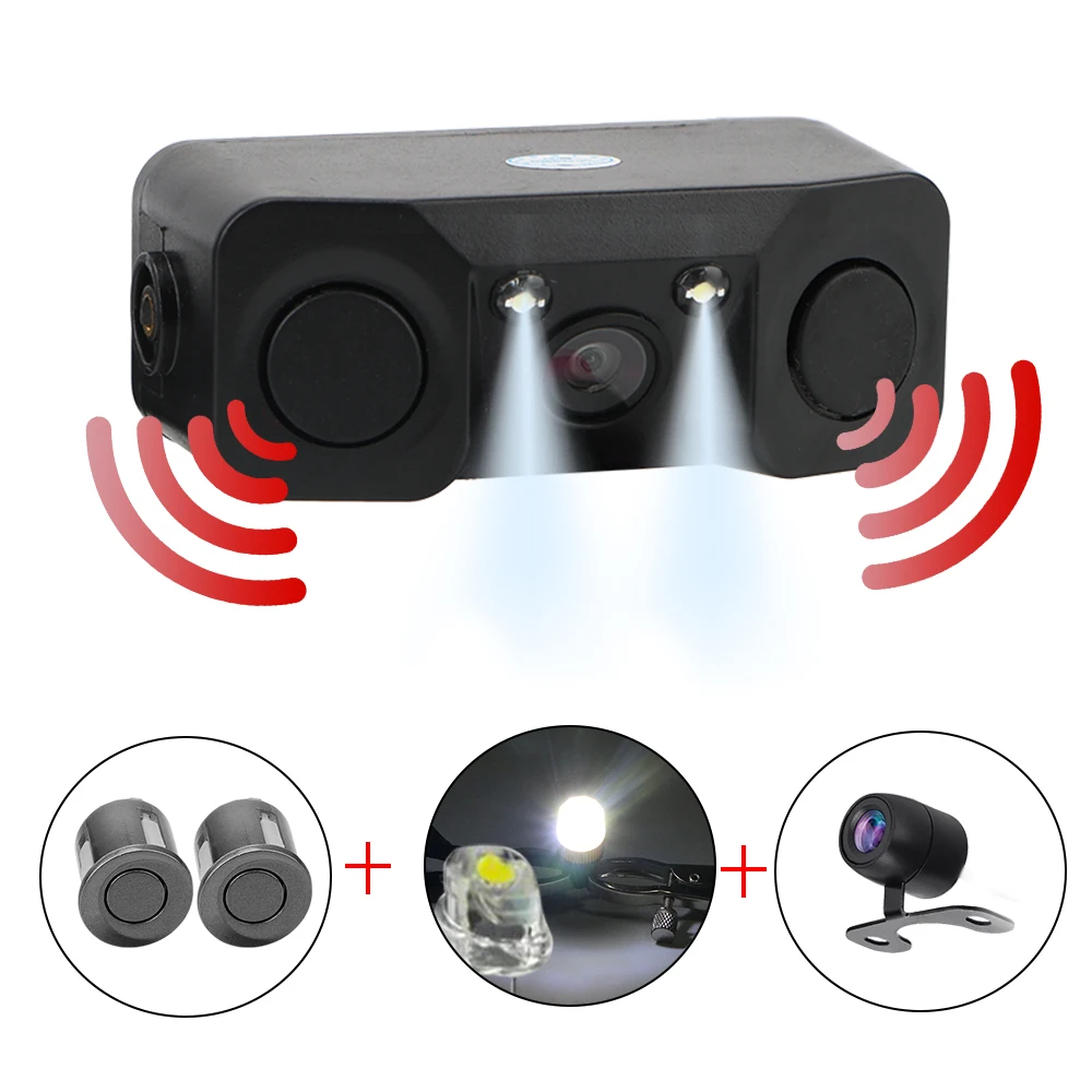 Universal Mini Alarm 3 In 1 Rear View Camera Car Accessories Reversing Radar Sensor Detector DC 12V Night Vision LED Light