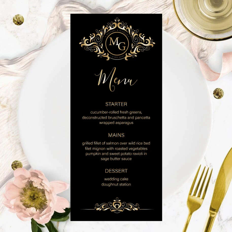 

10pcs Customizable Wedding Menu, Gold foil Black Menu Wedding Cards, Custom Wedding Table Menu