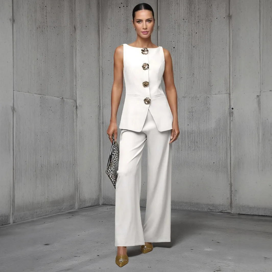 

Summer New Fashion Sets Two Piece Set Women V Neck Sleeveless Button Vests High Waist Straight Long Pant Elegant Lady Streetwear