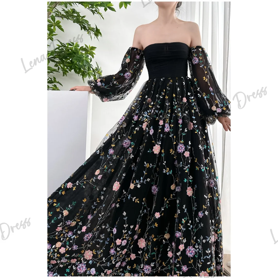 

Lena Dresses 2024 Women Evening Dress Women Wedding 2024 Off the Shoulders Black Floral Lace Line A Elegant Womens Party Dresses