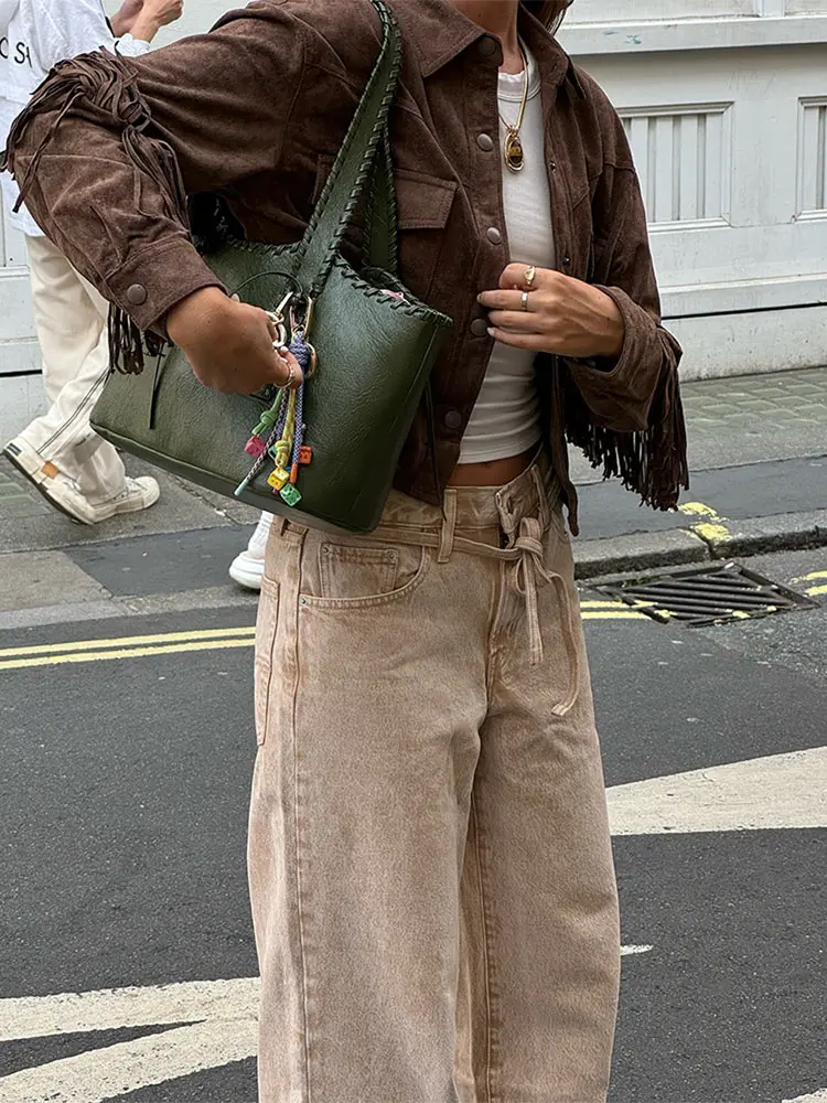 Chaqueta con borlas para mujer, abrigo informal de manga larga con botonadura única y bolsillos abatibles, ropa de calle elegante para otoño