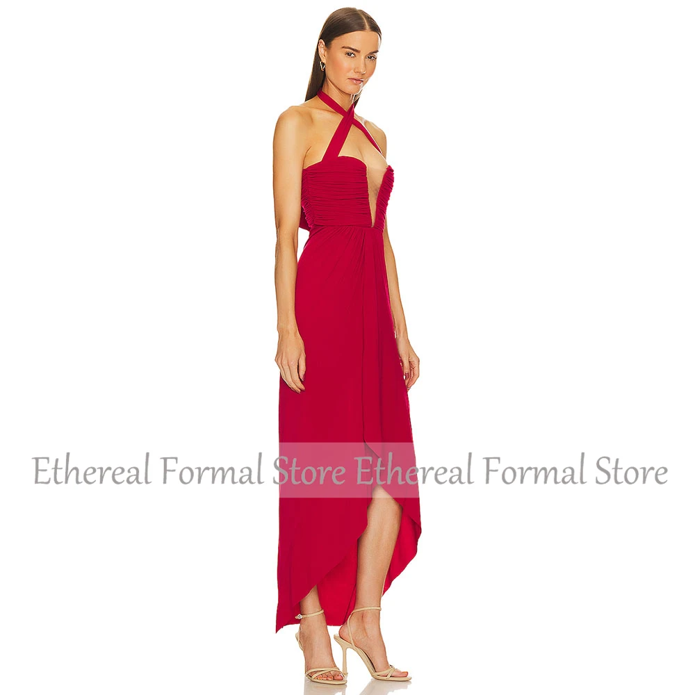 Sexy Red Cocktail Dress Halter Front Short Mermaid Holiday Party Gown Pleat Evening Dress Sleeveless Tea Length Saudi Dress
