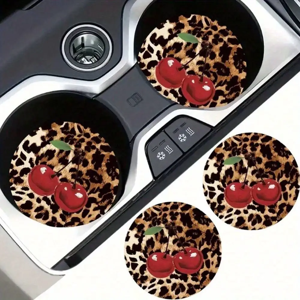 Cherry Leopard Pattern Absorbent Car Cup Coasters 2pcs Stylish & Durable Fast-Drying Non-Slip Car Cup Mats