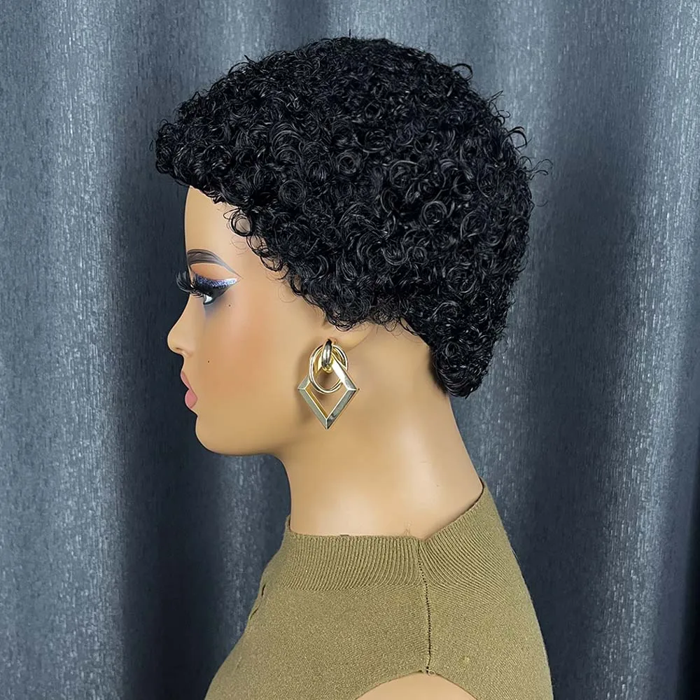 Натуральный черный вьющийся парик с стрижкой пикси для чернокожих женщин, машинный парик из человеческих волос для ежедневного использования