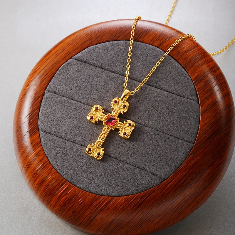 Luxury 24K 9999 Pure Gold real gold Women's flame cross pendant necklace clavicle chain