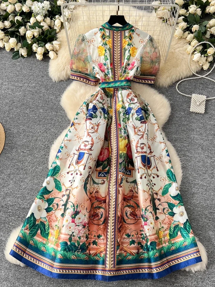 France Elegant Vintage Palace Evening Dress Women Print Sashes Mesh Long Party Dress Female Casual Holiday High End Clothing New