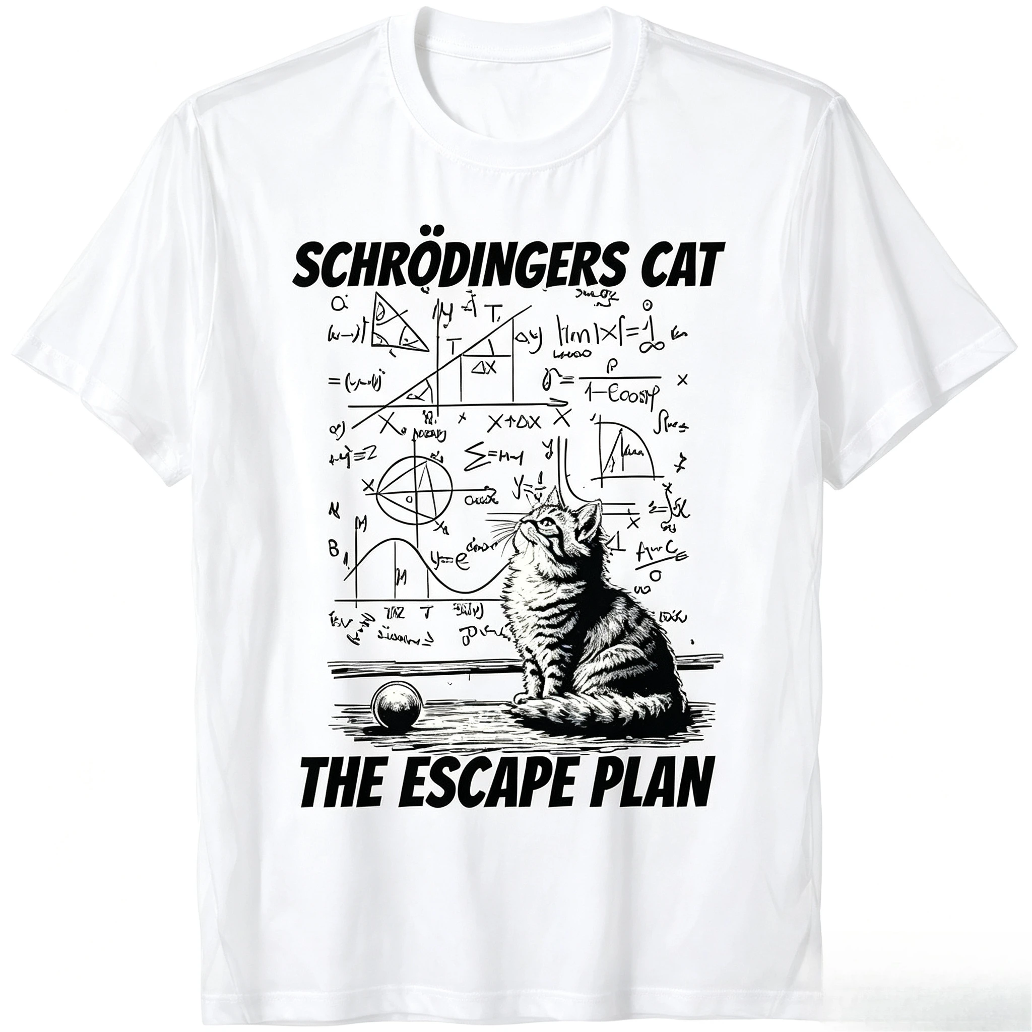 Funny Schrödinger's Cat Escape Plan Science Design T-Shirt Cute Intellect Seamlessly Graphic Kitty Saying Tee Novelty Gift Y2k