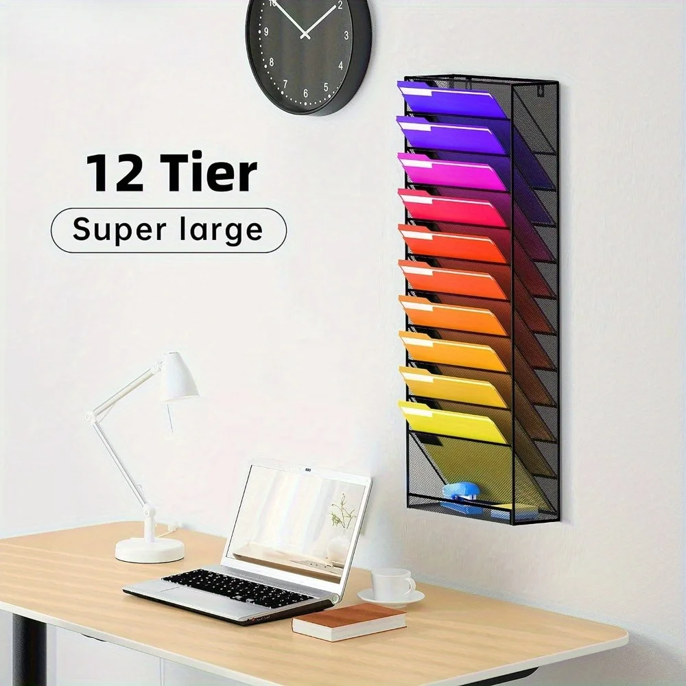 12 Tier Mesh Metal Wall Mounted File Organizer, Magazine File Paper Holder, Office and Home Wall Mounted File Organizer