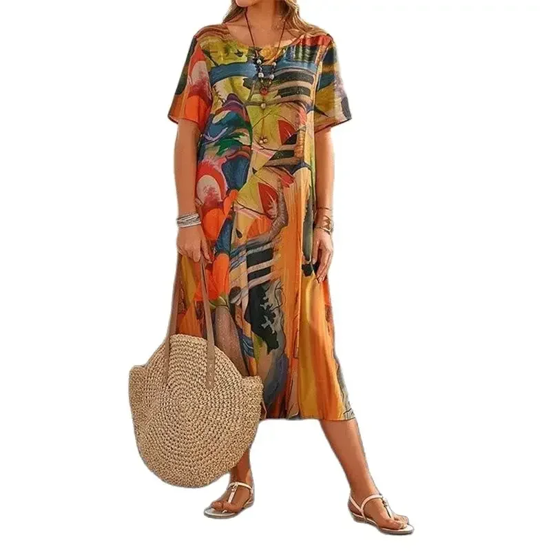 

Summer Bohemian Style Print Casual Vacation Dresses Women Elastic Waist O Neck Pullover Dress Female New Beach Short Sleeve Gown