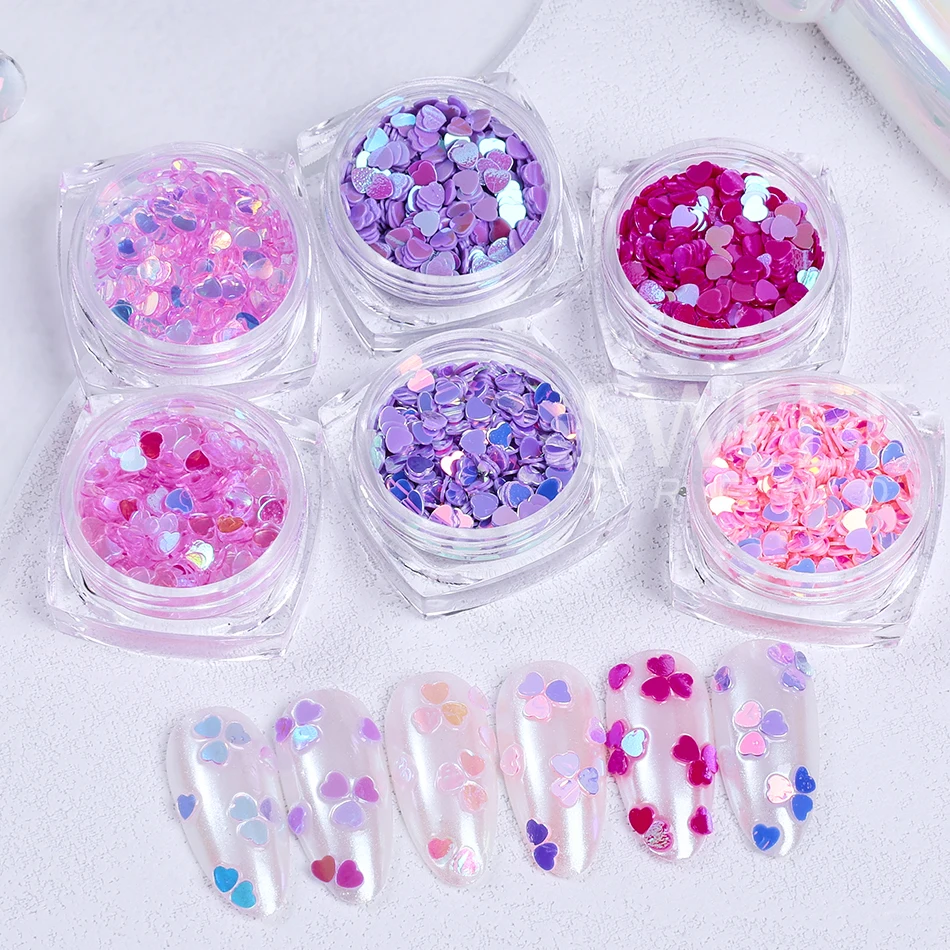 กลิตเตอร์เล็บรูปหัวใจสีชมพู/ม่วง 6 ชิ้น แบบโฮโลแกรม ประกายรุ้ง สำหรับตกแต่งเล็บวันวาเลนไทน์