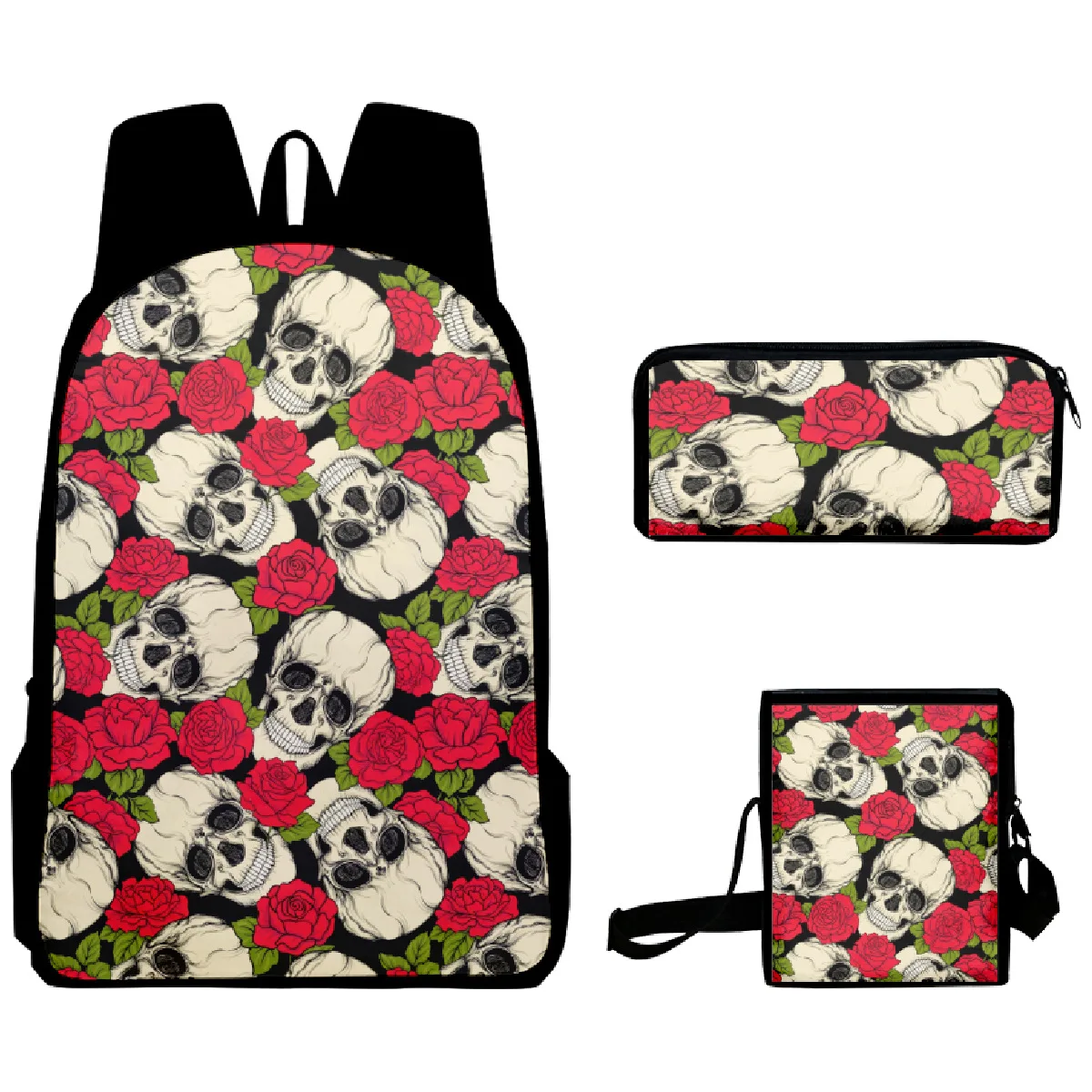 3psc/set Women Backpack 3D Printed Flower Skull Art Schoolbag Primary Middle School Students Boys Girls School Bag Crossbody Bag