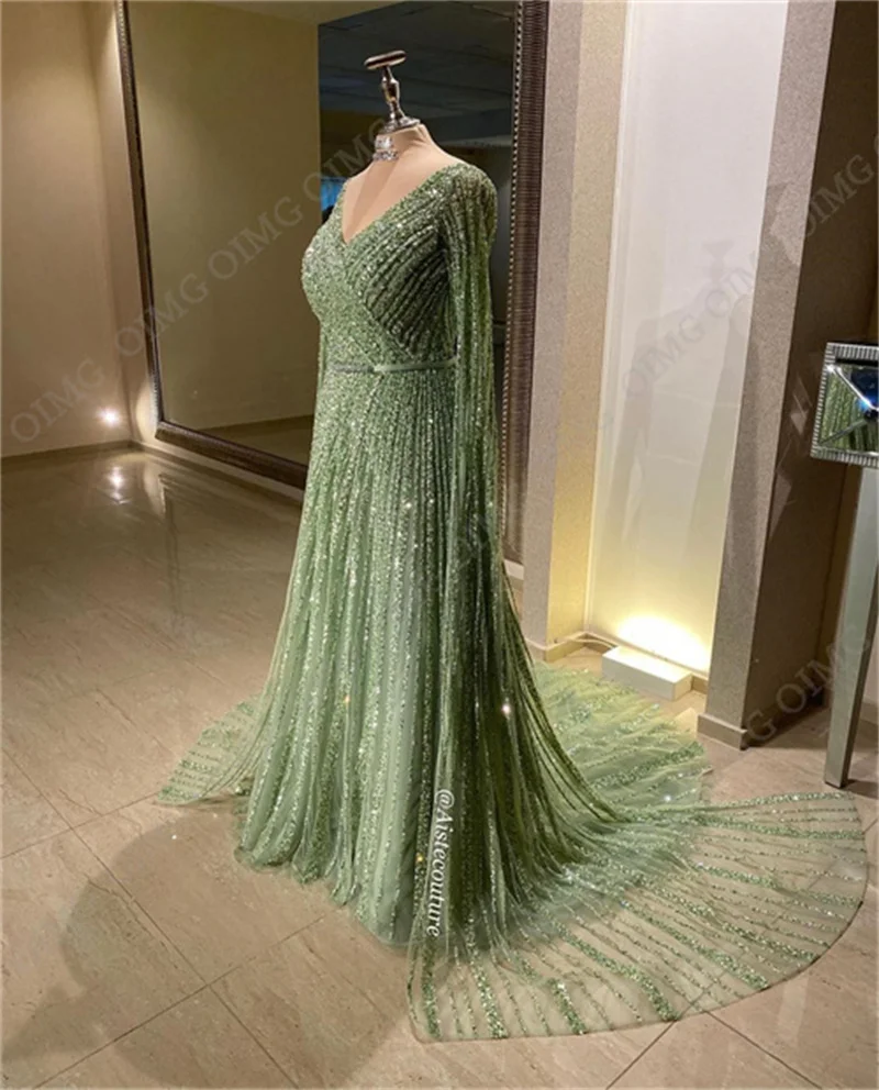 OIMG Green Shiny Sequins Evening Gowns Sweep Train Prom Dresses Saudi Arabia Robe De Soiree Beads Women Formal Accasion Wear