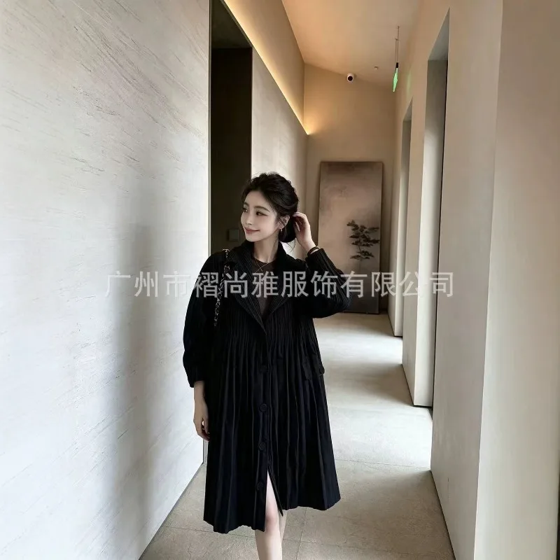 Miyake Pleated 2026 Autumn New Cotton Coat Trench Coat Pleated Solid Color Long Loose Korean Style High-end Women's Jacket Pleat