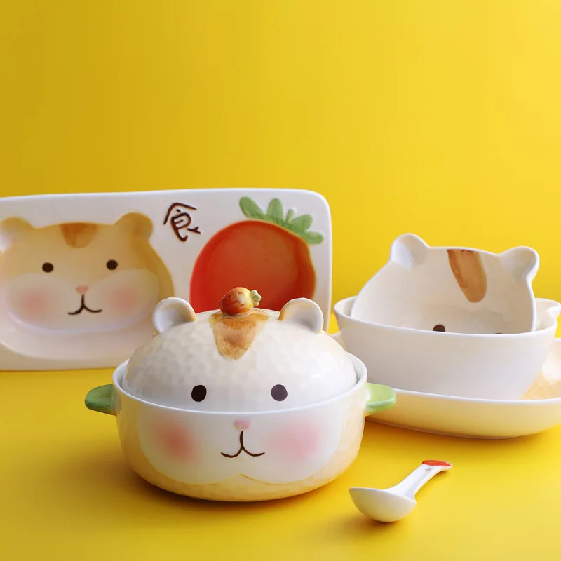 Korean version cartoon strawberry hamster bowl set children lovely ceramic plate bowl separator plate home school cutlery