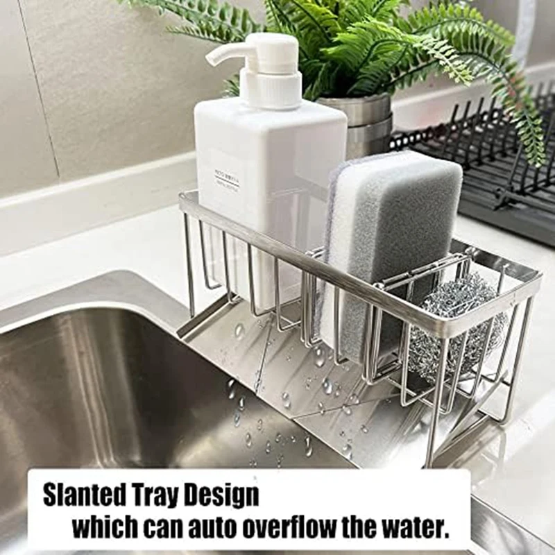 

Upgraded Sponge Holder For Kitchen Sink, Stainless Steel Sponge Rack With Auto Overflow, Multifunctional Kitchen Sink Durable