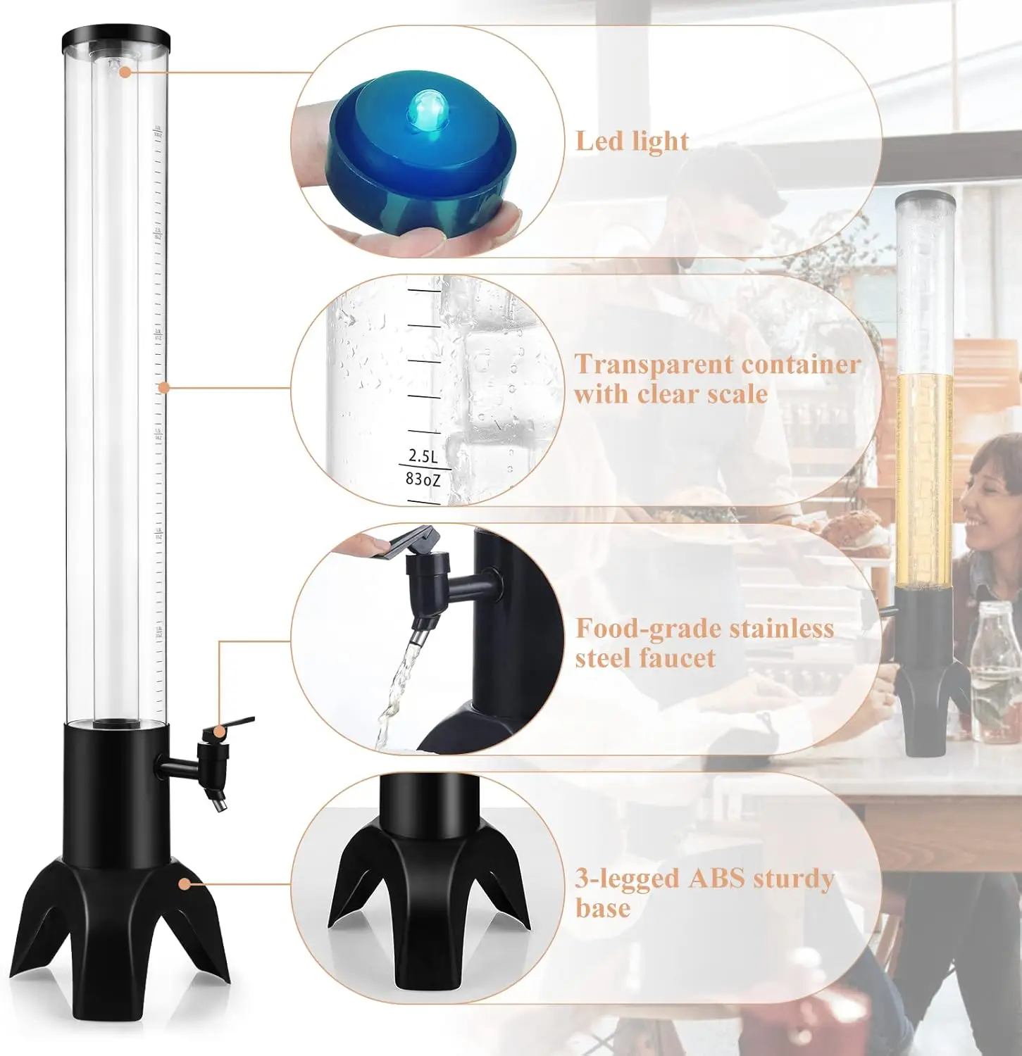 4PCS 3L Drink Tower Dispenser, built-in ice tube and LED light, perfect for parties, bars and restaurants image 4