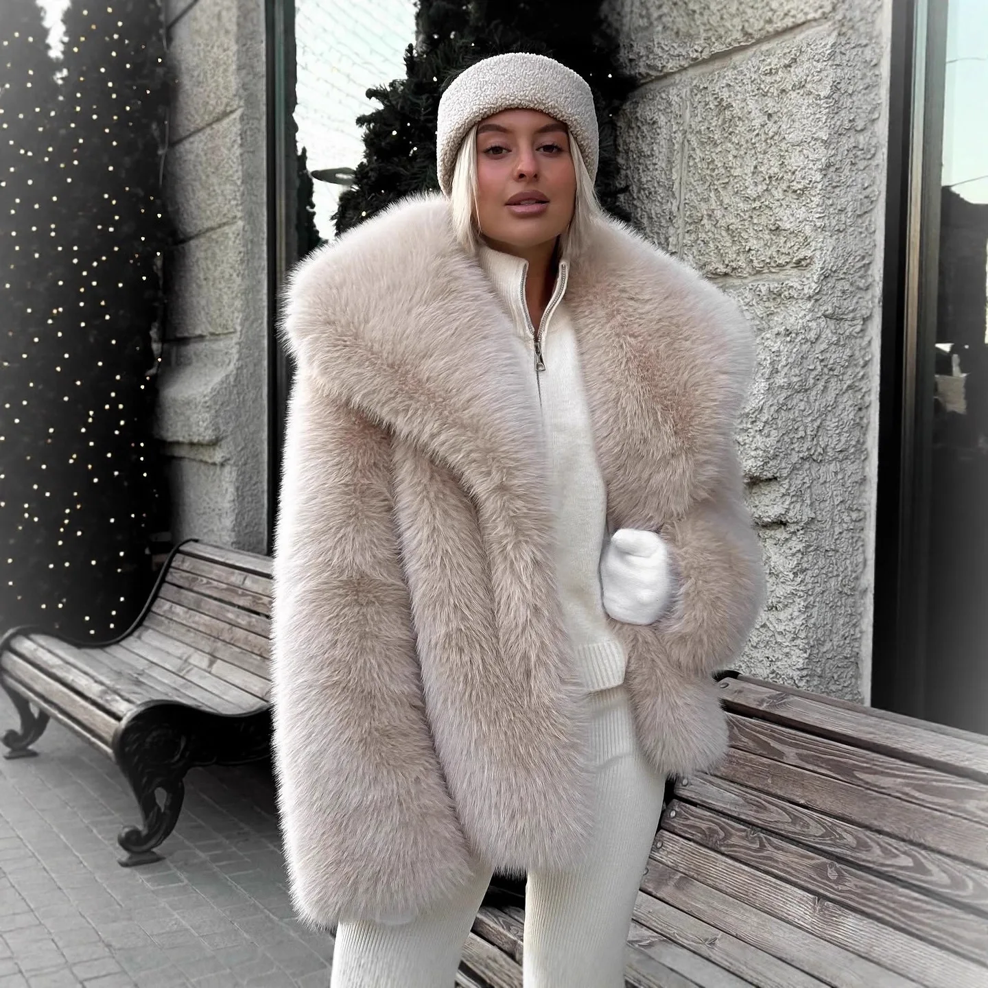 2025 Autumn Winter New Turn Down Collar Fluffy Fox Fur Imitation Fur Coat Women Rice Yellow Coffee Two Colors