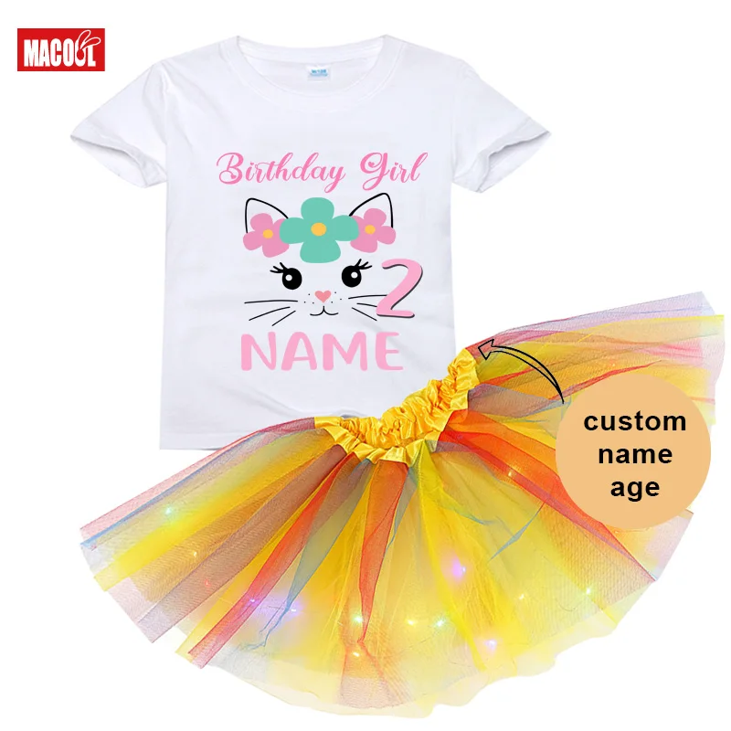 Girls Birthday Outfit Tutu T Shirt Sets cute tutu outfits Suit Rainbow Cat Birthday Party LED Lights tutu Party custom name sets