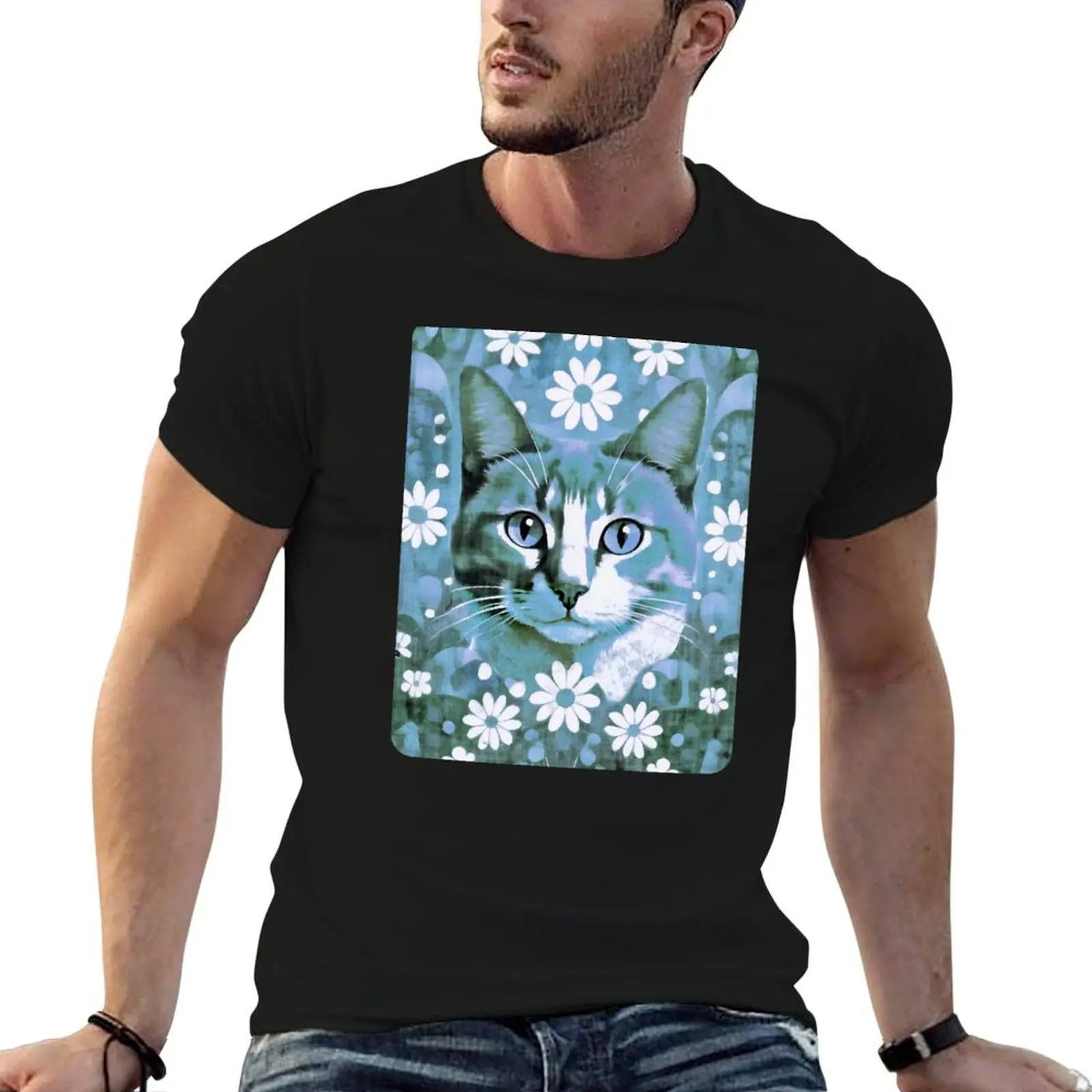 Garden Cat with Daisies - BLUE Theme T-Shirt Cool Dry Performance T-Shirt