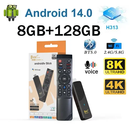 TV98 ATV X9 Smart TV Stick Android14 Allwinner H313 OTA 8GB 128GB compatible con reproductor multimedia 8K 4K 4G 5G Wifi6 HDR10 control remoto por voz iptv