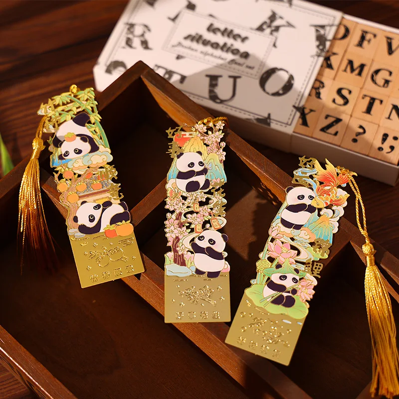 Chinese Style Panda Metal Bookmark with Tassel Auspicious Vintage Gold Color Book Mark for Kids Students Gifts Reading Supplies
