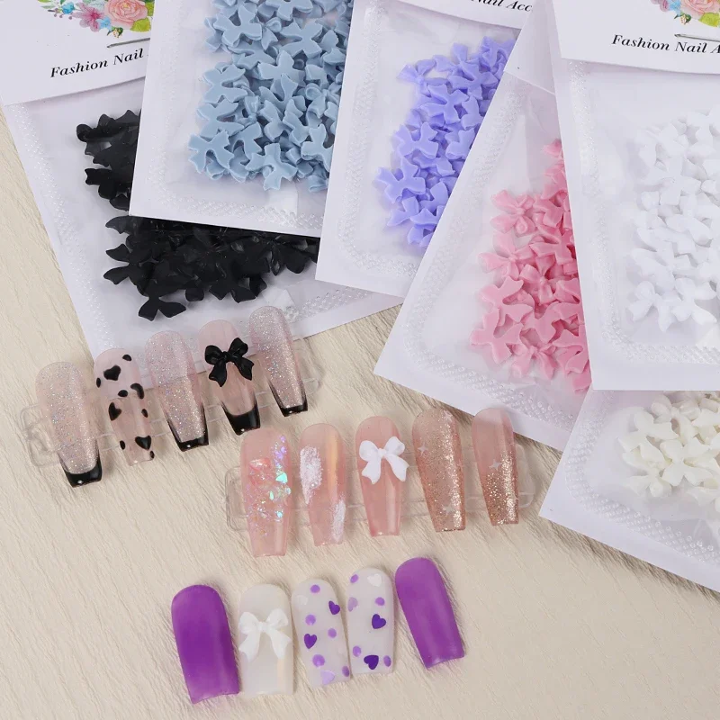 50 Pcs Kawaii Bow Nail Charms Korean Manicure Design Decorations White Beige Pink Resin Rhinestone Nail Art Supplies Parts