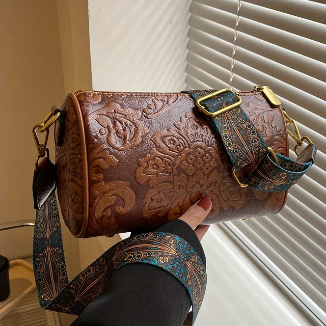 Torba cylindryczna z wytłoczonym kwiatem w stylu retro, klasyczna teksturowana torebka na ramię z zamkiem błyskawicznym, z szerokim paskiem z geometrycznym wzorem