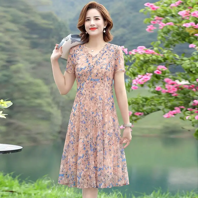 Women's Clothing New Intellectual V-neck Floral Skinny Printing Summer Thin Graceful Short Sleeve Elegant Fashion Casual Dresses