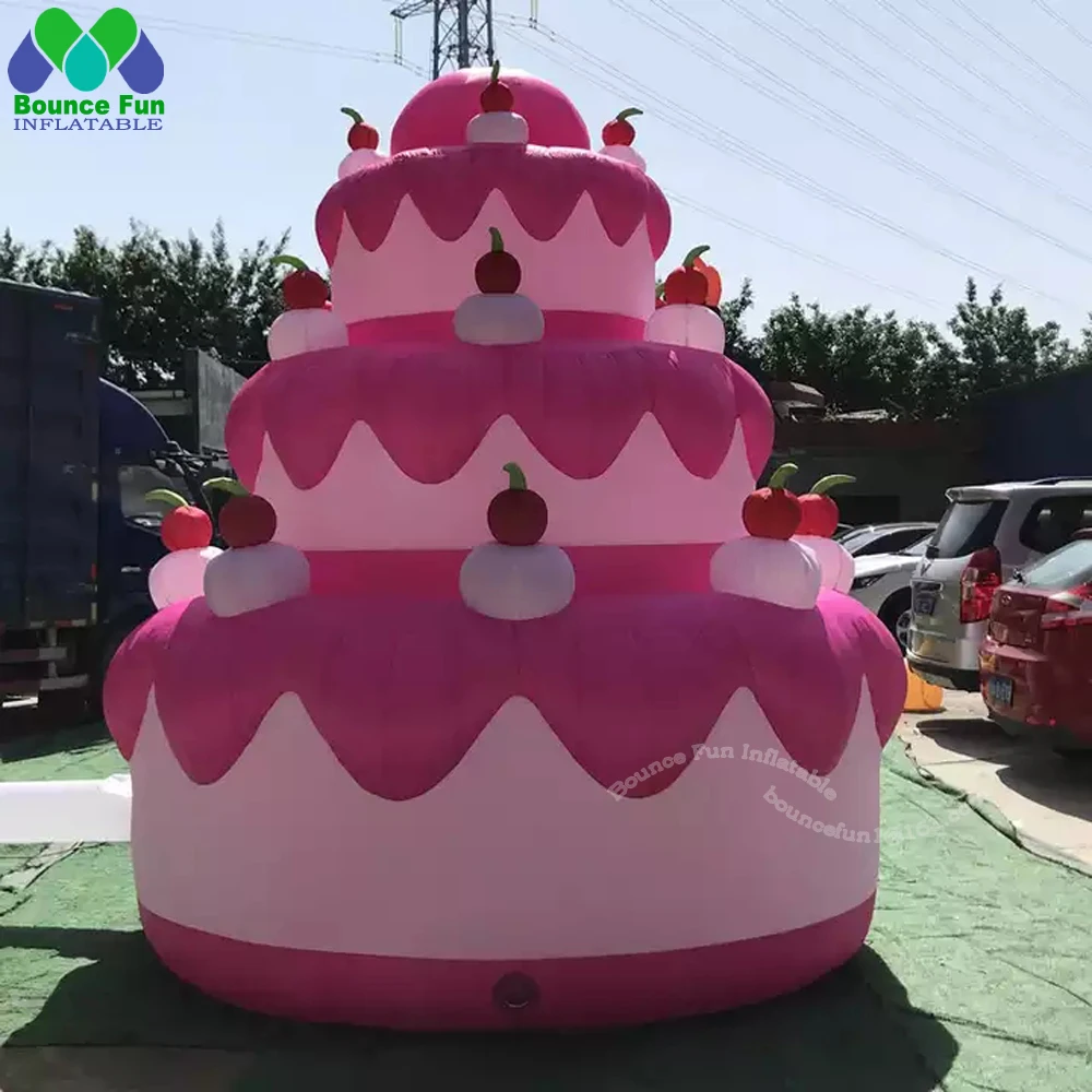 Ballon gonflable géant rose pour gâteau joyeux anniversaire, modèle de gâteau gonflable cerise rouge pour décoration de fête d'anniversaire