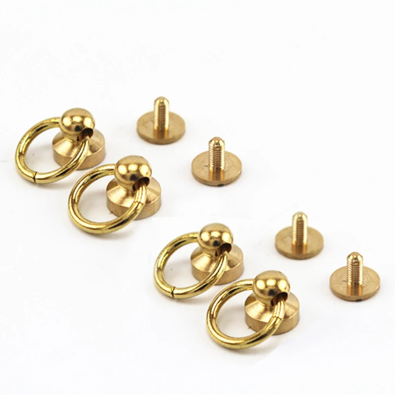 10Pcs Solid Brass Ball Post Studs Rivet with D ring Screwback Round Head Nails Spots Spikes Leather Craft DIY Accessories