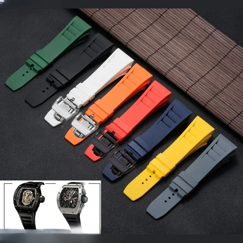 For Richard Mille Silicone Watch Strap Stainless Steel Fold Buckle Accessories 25mm Men\'s Black Red Waterproof Sports Watchbands