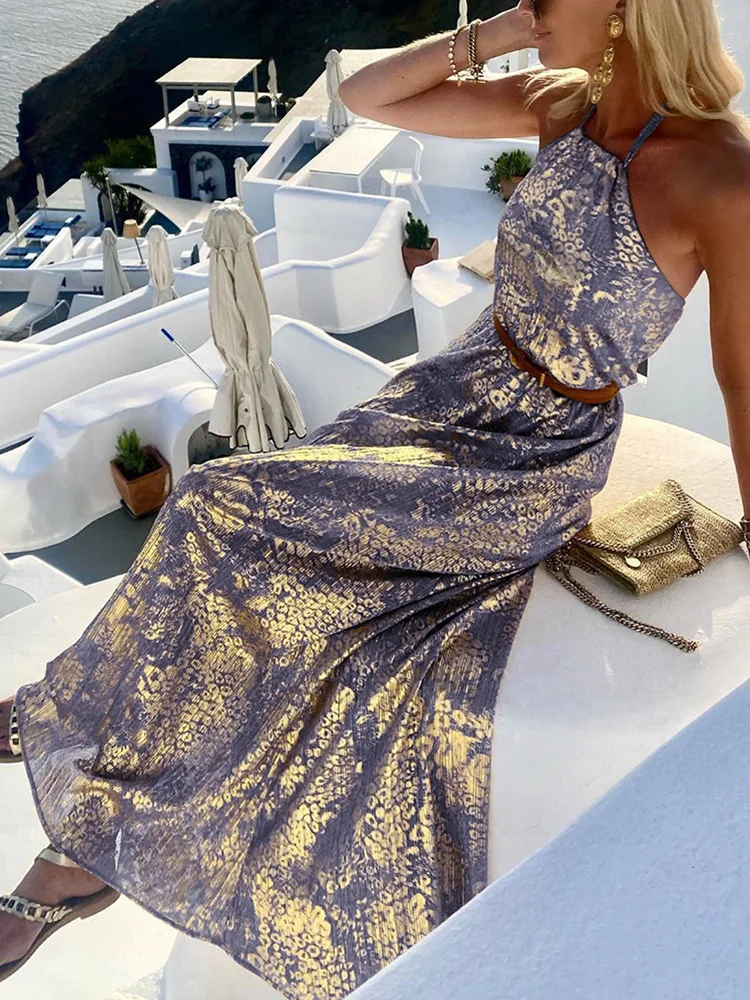 Summer Off Shoulder Women Loose Long Dress Elegant Female Sleeveless Party Club Dress Beach Loose Halter Chic Maxi Dress Vestido