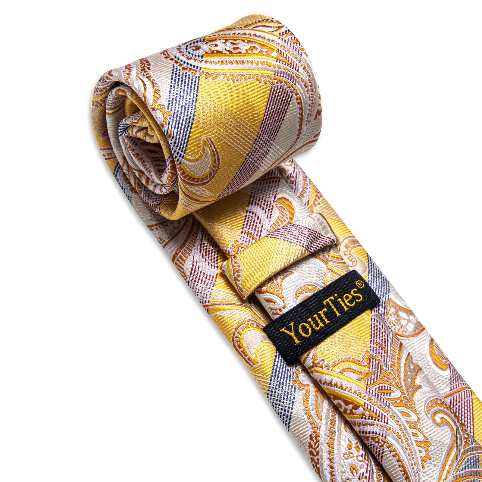 Luxury Yellow Striped Necktie with Pocket Square Cufflinks for Business Party Wedding Unique Design Paisley Tie for Man Gift