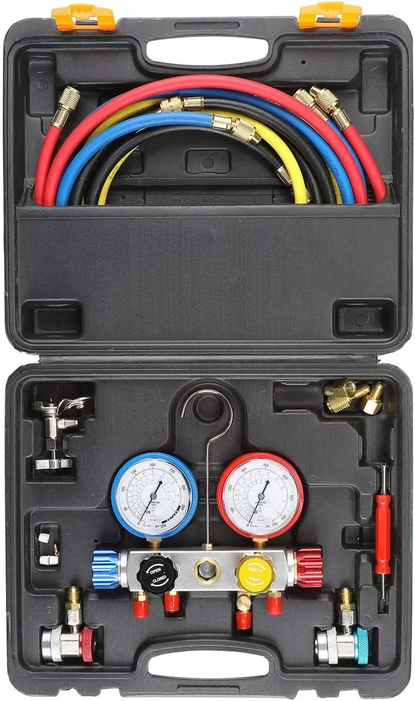 

Orion Motor Tech 4 Way AC Diagnostic Manifold Gauge Set, Fits R134A R410A and R22 Refrigerants, with 5FT Hose, 3 Tank Adapters