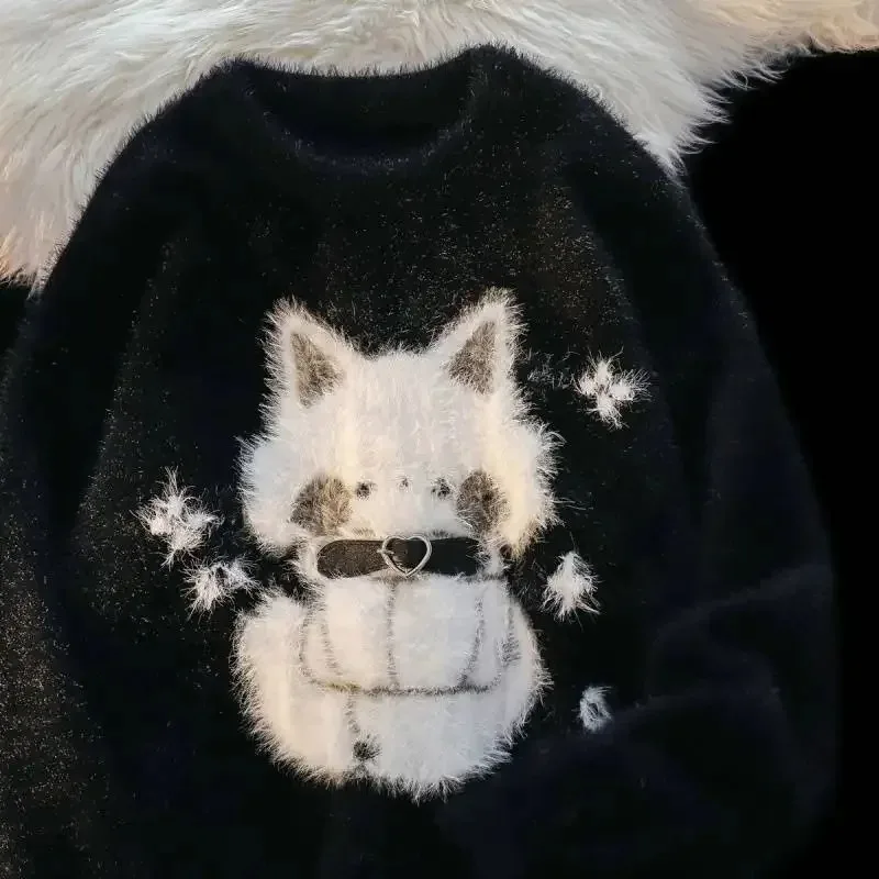 

American retro soft waxy cute cat plush clothing women's autumn and winter plus velvet loose lazy wind knitting Joker coat.