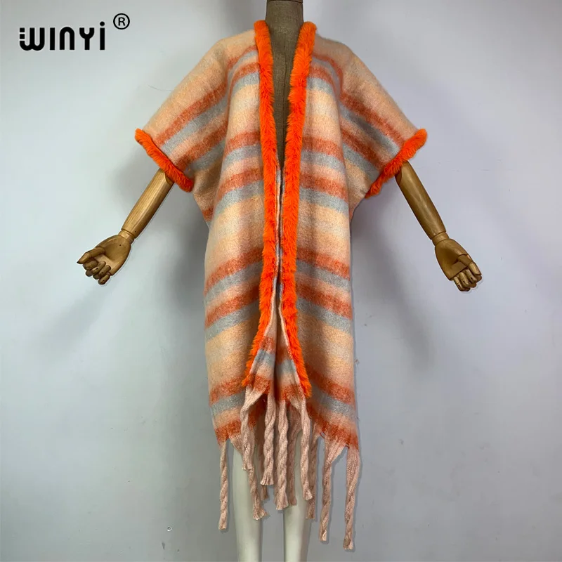 

WINYI Winter Africa stripe cloak Women High Quality poncho tassels Luxury Loose OverCoat Thick Warm Female maxi coat jacket