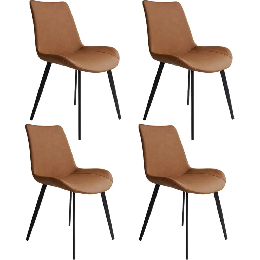 كراسي تناول الطعام الحديثة مقعد وسادة من الجلد الصناعي وأرجل معدنية قوية (4 كراسي بنية) #1