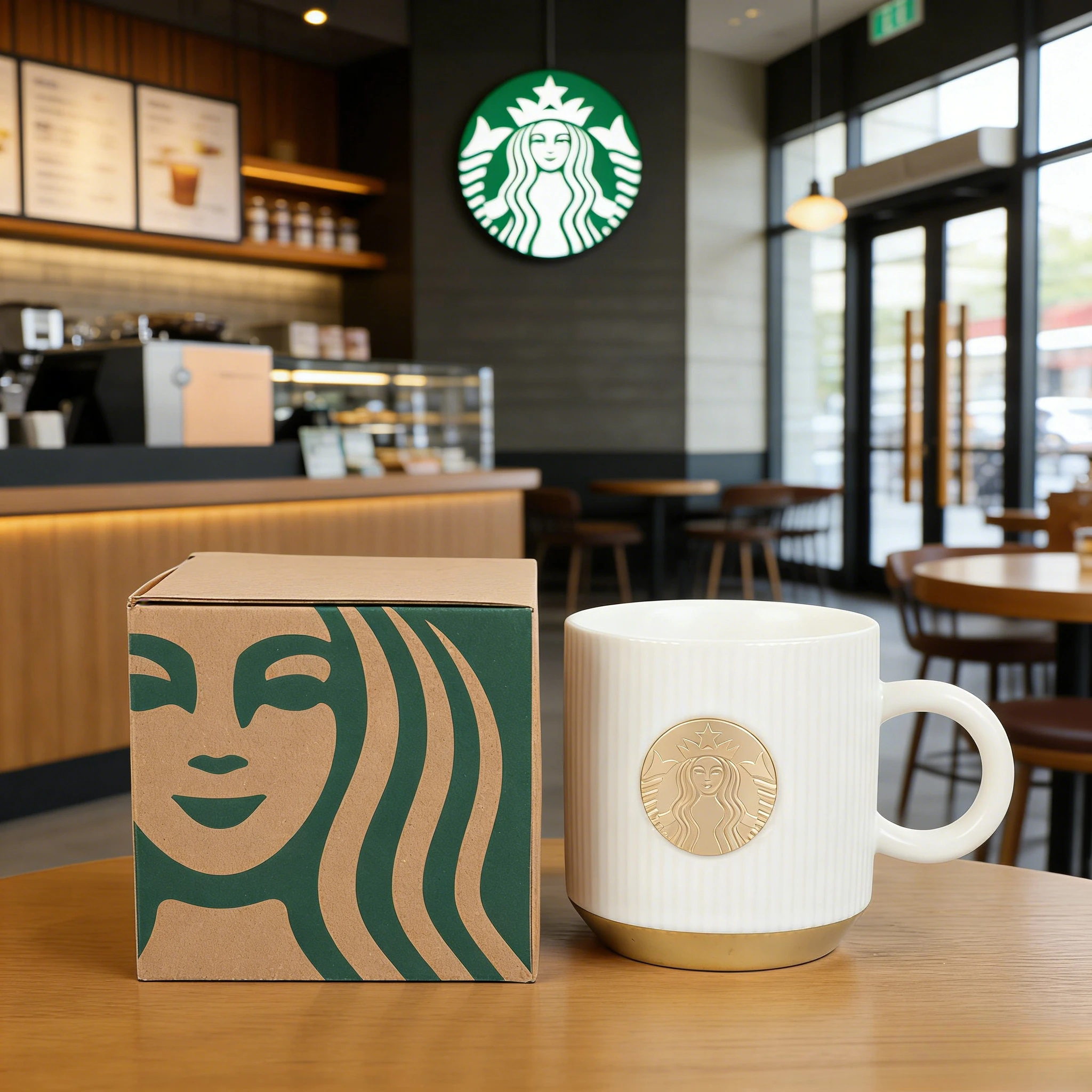 Caneca Vintage Starbucks Branca com Relevo e Emblema Dourado Siren 355ml - Presente Lindo para Ela, Amantes de Café