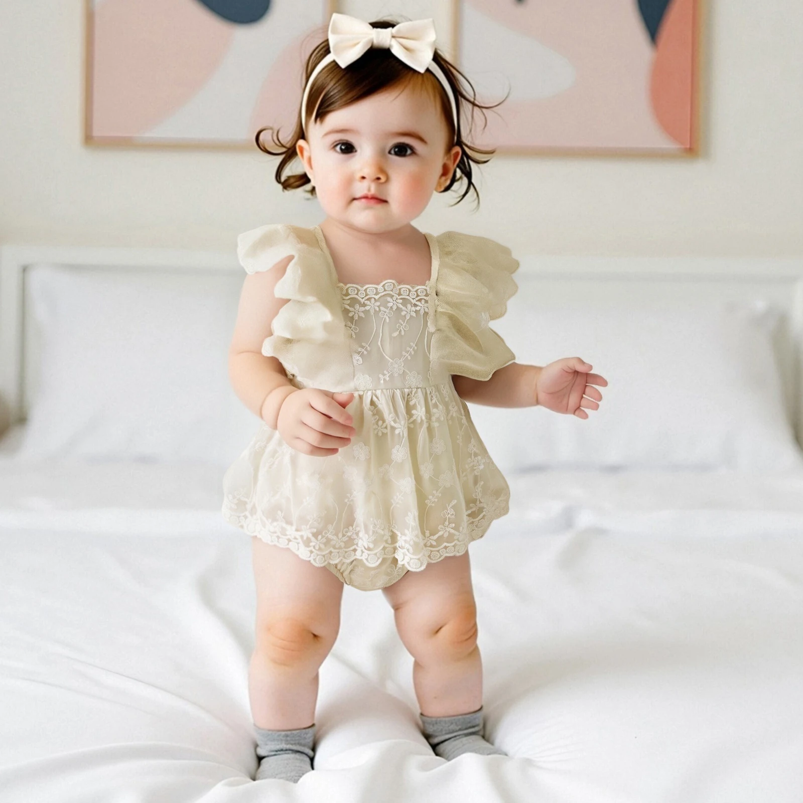 

Baby Girls Summer Romper Dress Infant White Flying Sleeve Floral Embroidery Romper