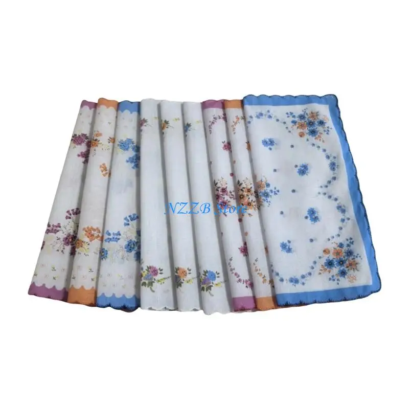 

T21F Vintage Cotton Handkerchief Pack of 9 Florals Design Ladies Hanky Set