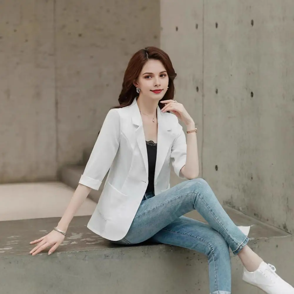 Women Suit Coat Lapel 3/4 Sleeve Button Placket Summer Suit Jacket Solid Color Thin Breathable Casual Coat