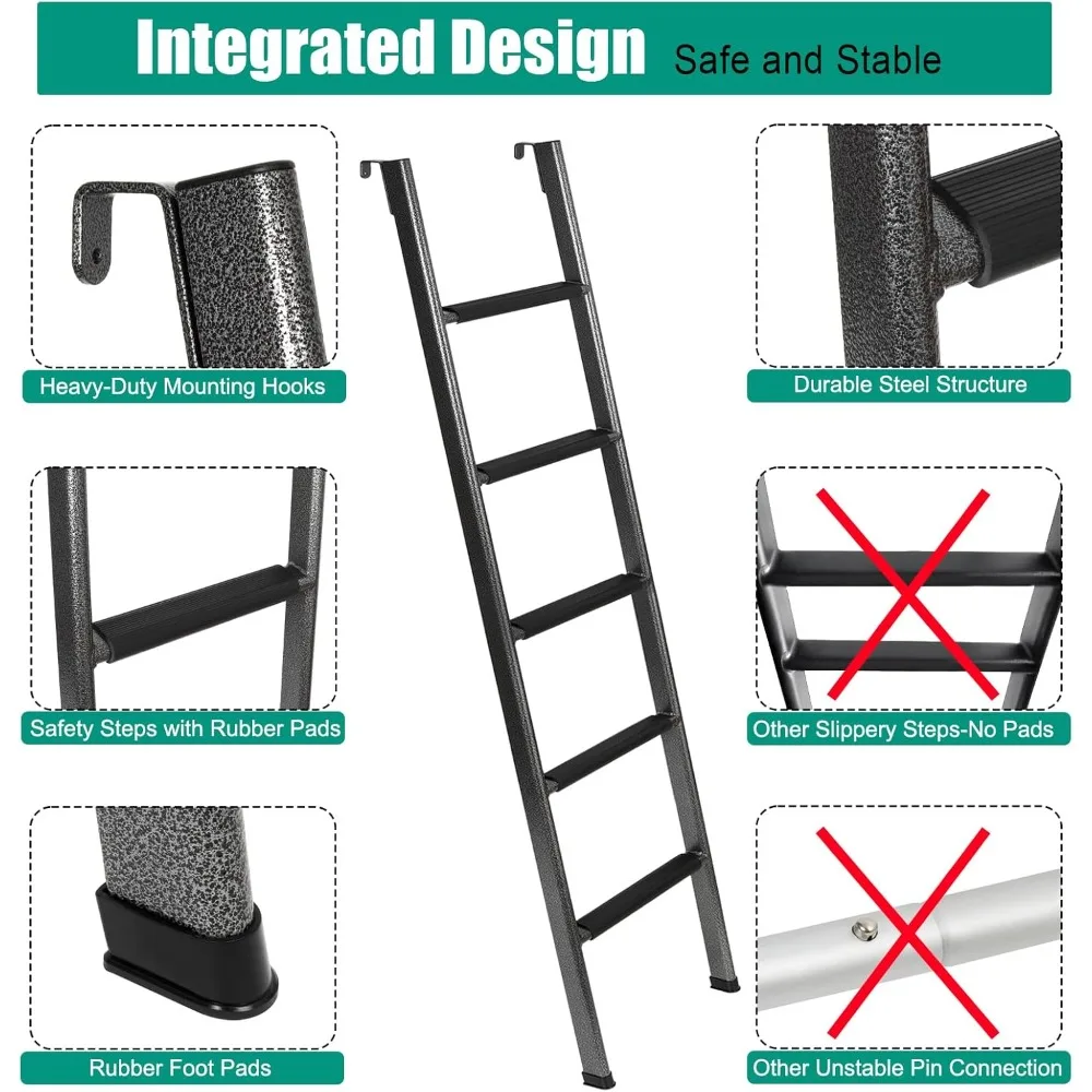 Escada de beliche antiderrapante para RV, escada de beliche de aço resistente integrada de 72 polegadas com almofadas de pé de borracha antiderrapantes e ganchos