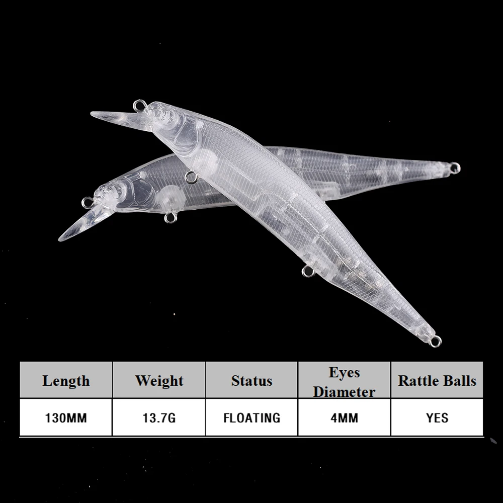 Chan’sHuang 20PCS Unpainted Blanks Transparent Bait 13cm 13.7g Floating Rattles Minnow DIY Handmade Artificial Fishing Lure Tack
