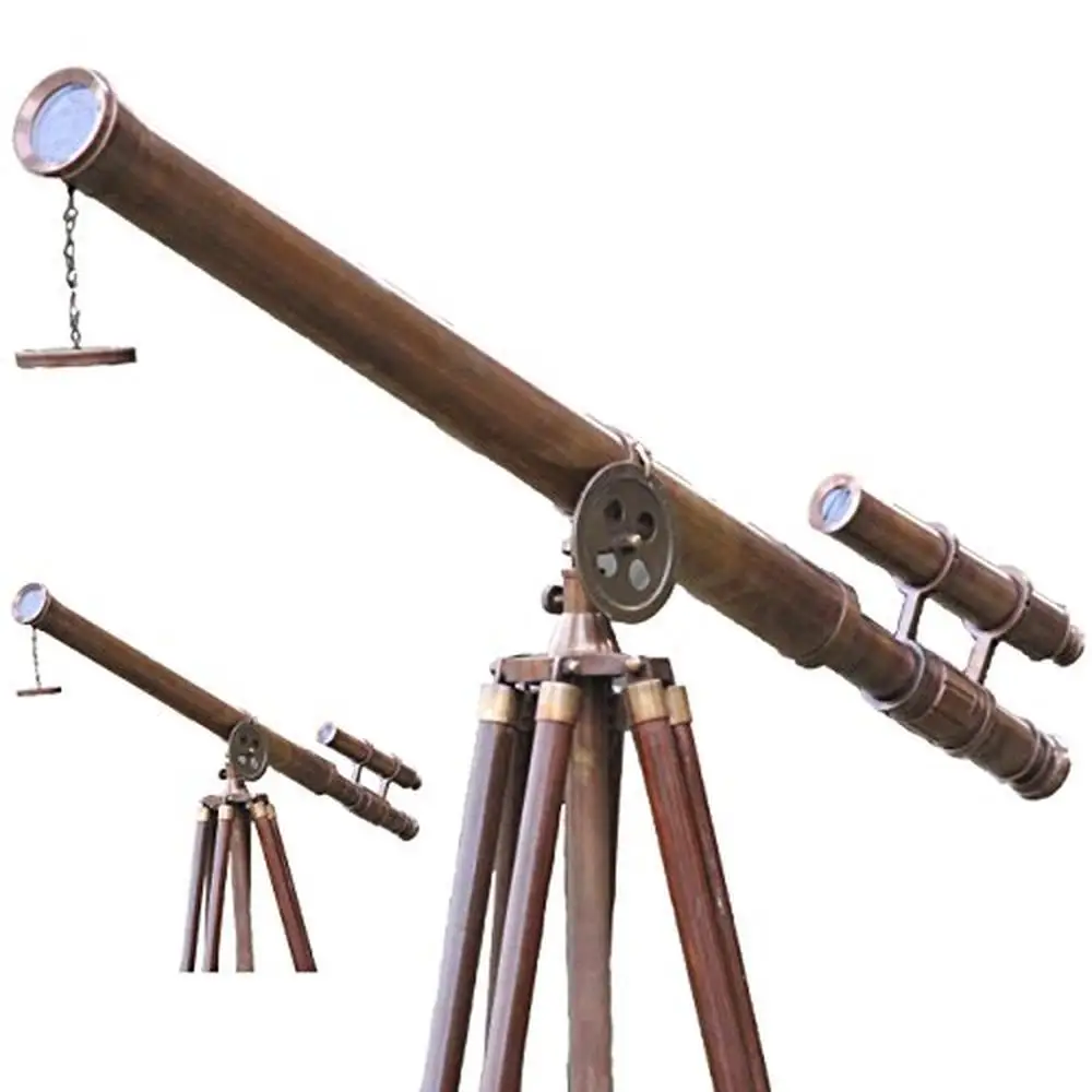 Adjustable Wooden Floor Standing Telescope Antique Brass Finish 32x Magnification Vintage Nautical Decor Stable Tripod Stand