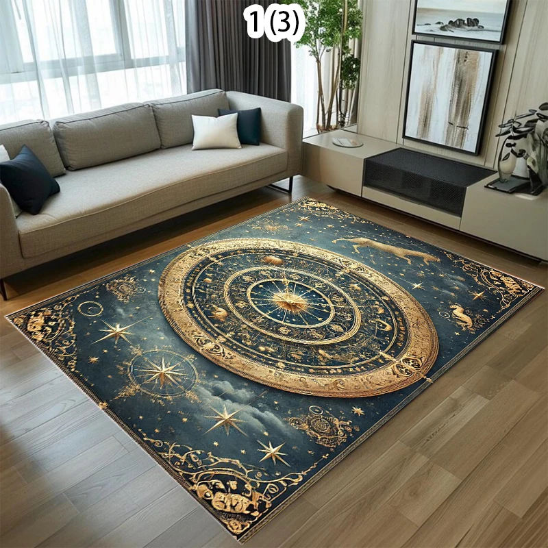 Black Gold Astrology Zodiac Pattern Area Rug Mystical Occult Style Non-Slip Floor Carpet for Living Rooms Home Decor Areas