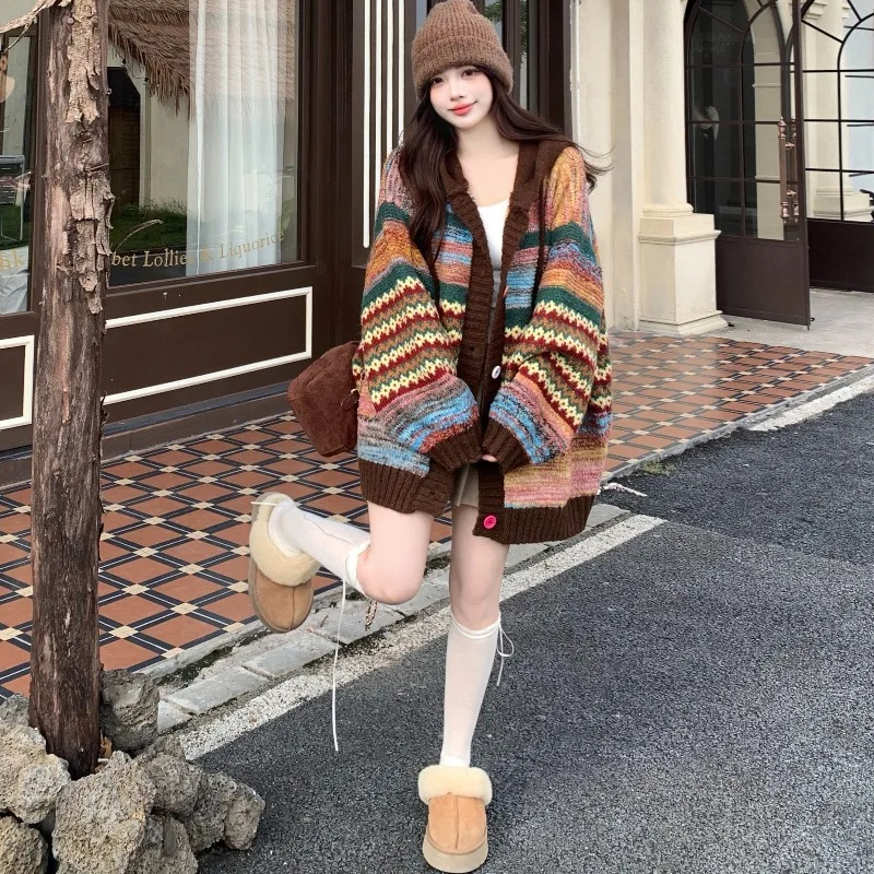 

Кардиган-свитер с капюшоном в ретро-стиле, осенне-зимний, в полоску, контрастных цветов, свободный, тонкий, вязаный, повседневный