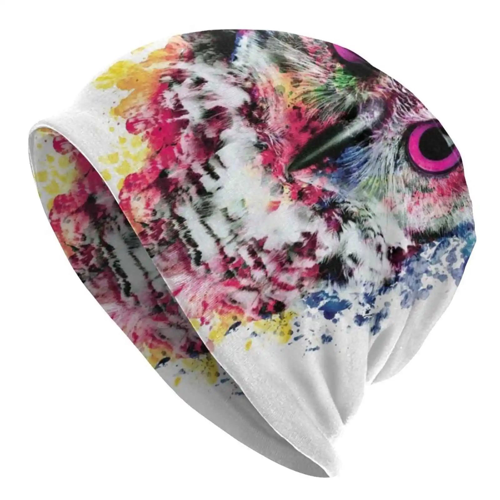 Owl Knitted Hat Warm Beanie Outdoor Caps Owl Wild Animals Birds Face Watercolor Colorful Abstract Streetart Blue Eyes Red