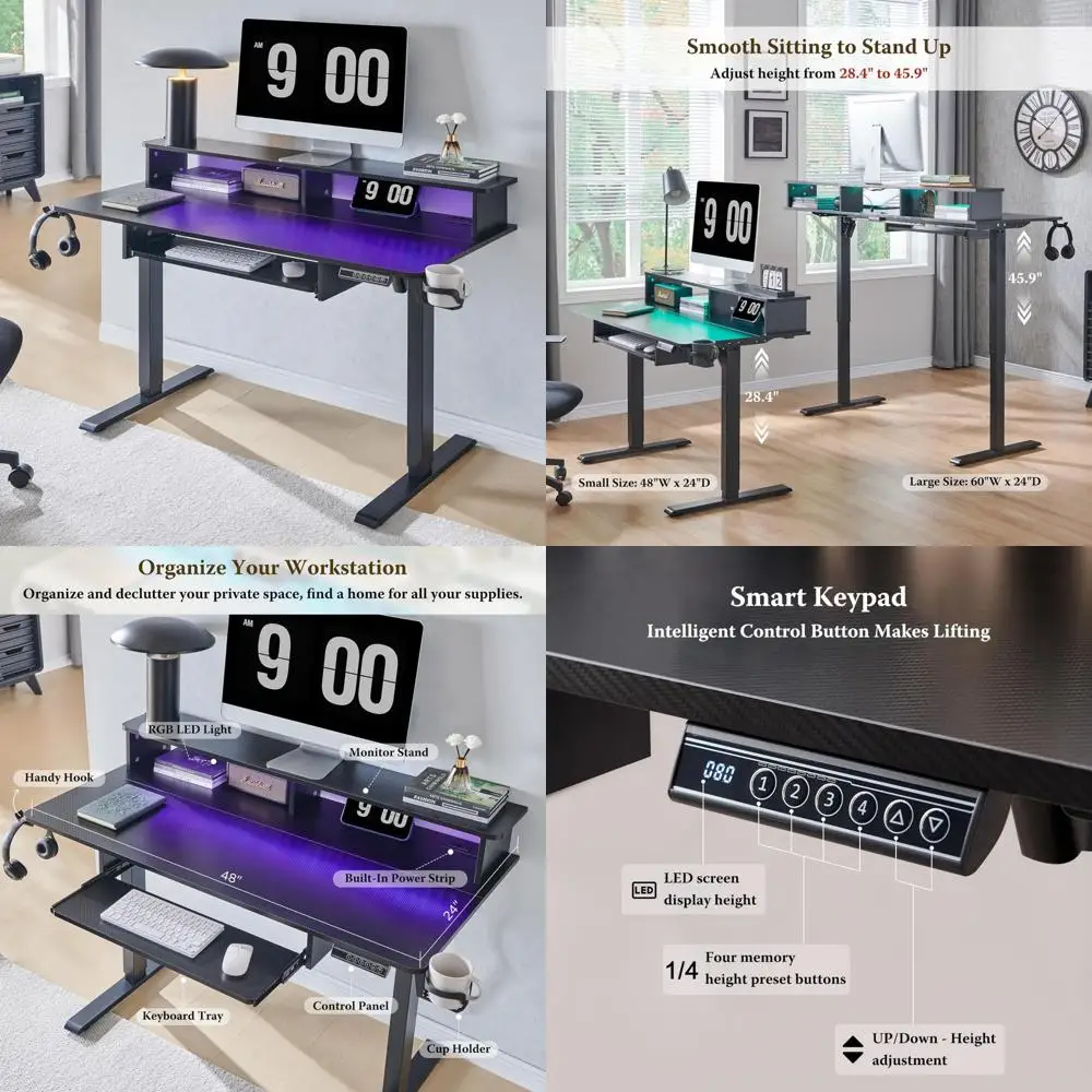 Meja Gaming 48-Inci dengan Ketinggian yang Dapat Disesuaikan Secara Elektrik, Dilengkapi Stopkontak, Lampu LED, Rak Keyboard, dan Penyangga Monitor